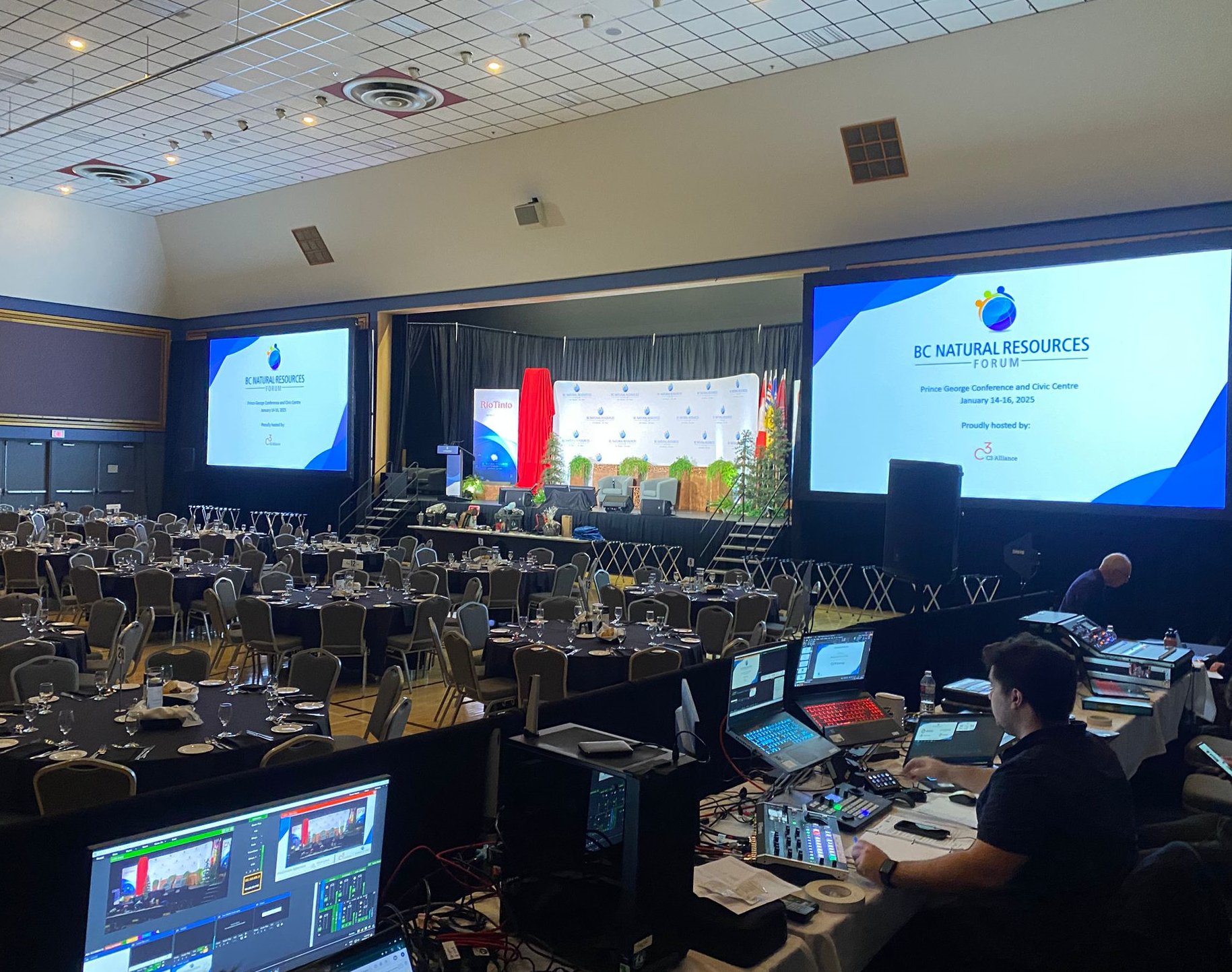 Second Narrows crew running FOH video and lighting control at the BC Natural Resources Forum