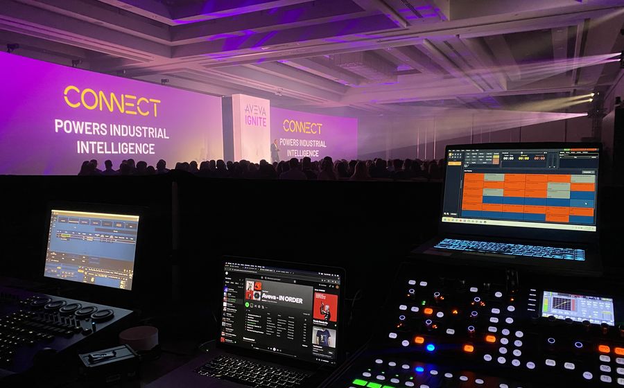Live event AV control booth at a corporate conference